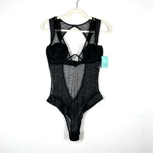 FREDERICK’S Lingerie Bodysuit Lace Cage Bodice One Piece Sexy XL Black